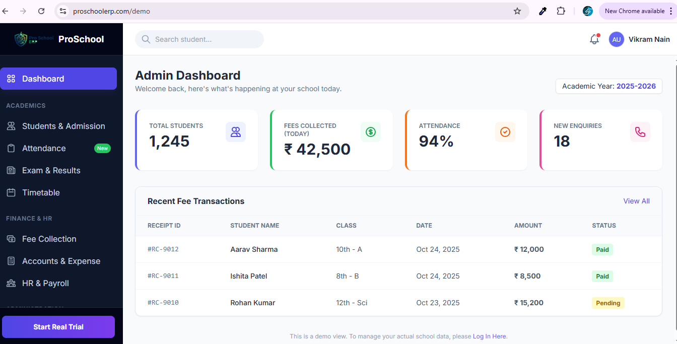 ProSchool ERP Dashboard - Best School Management Software in Narwana India
